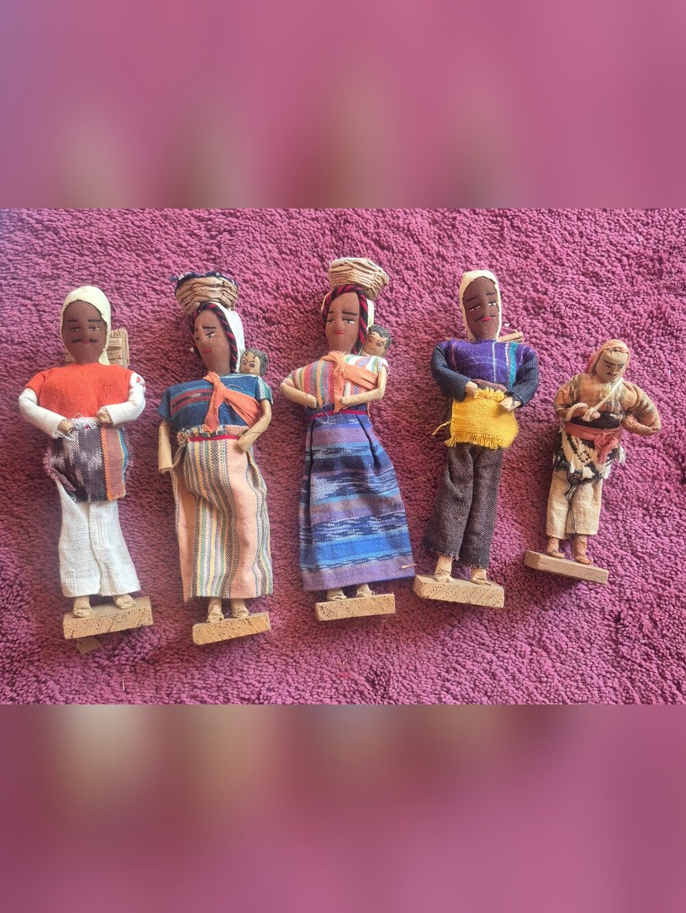 Vintage Guatemalan Folk Art Dolls Handcrafted Wood Cloth Figures Lot of 5...